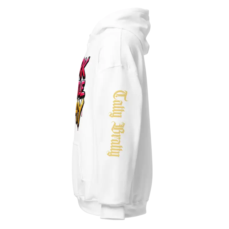 White hoodie with graphic design.