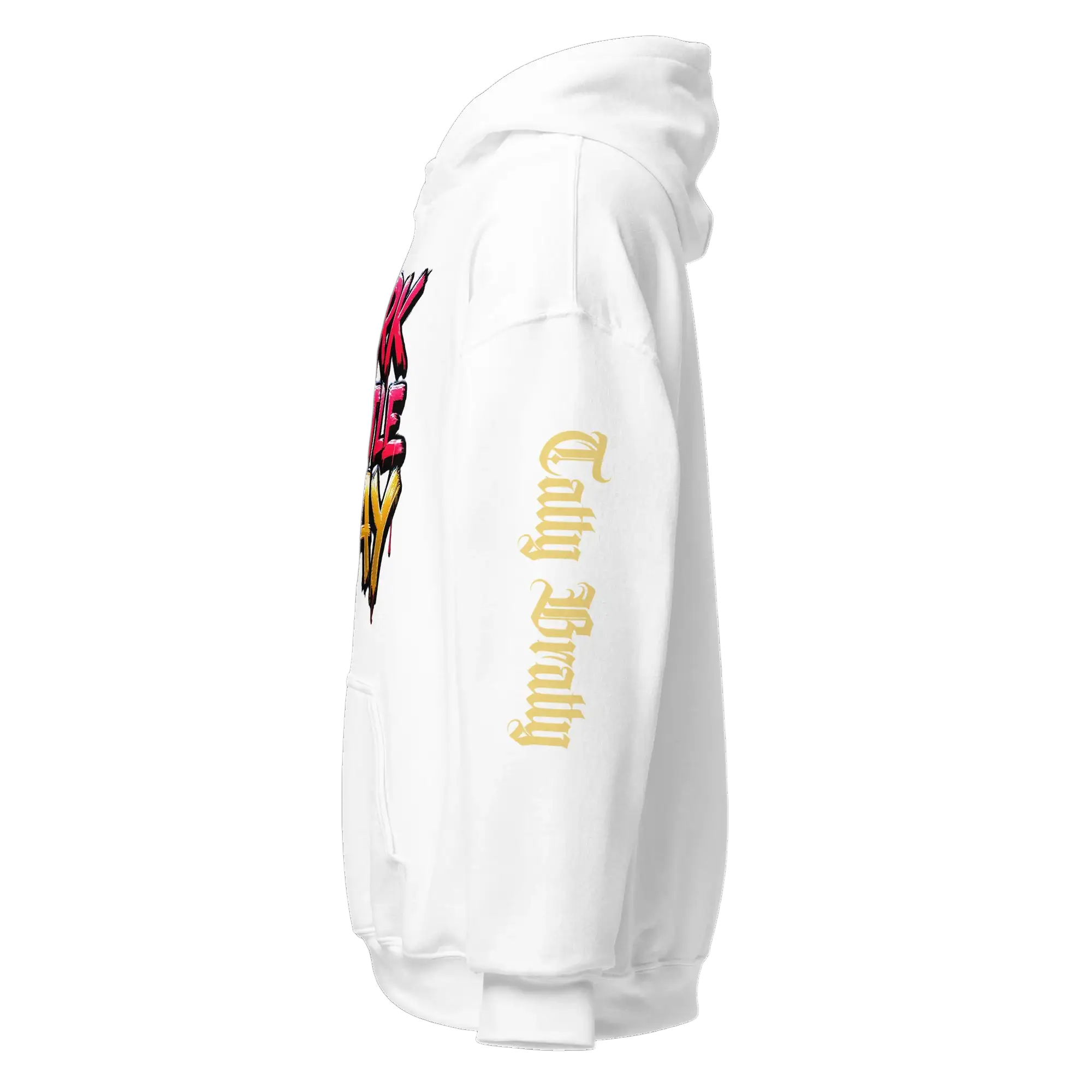 White hoodie with graphic design.