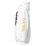 White hoodie with graphic design.