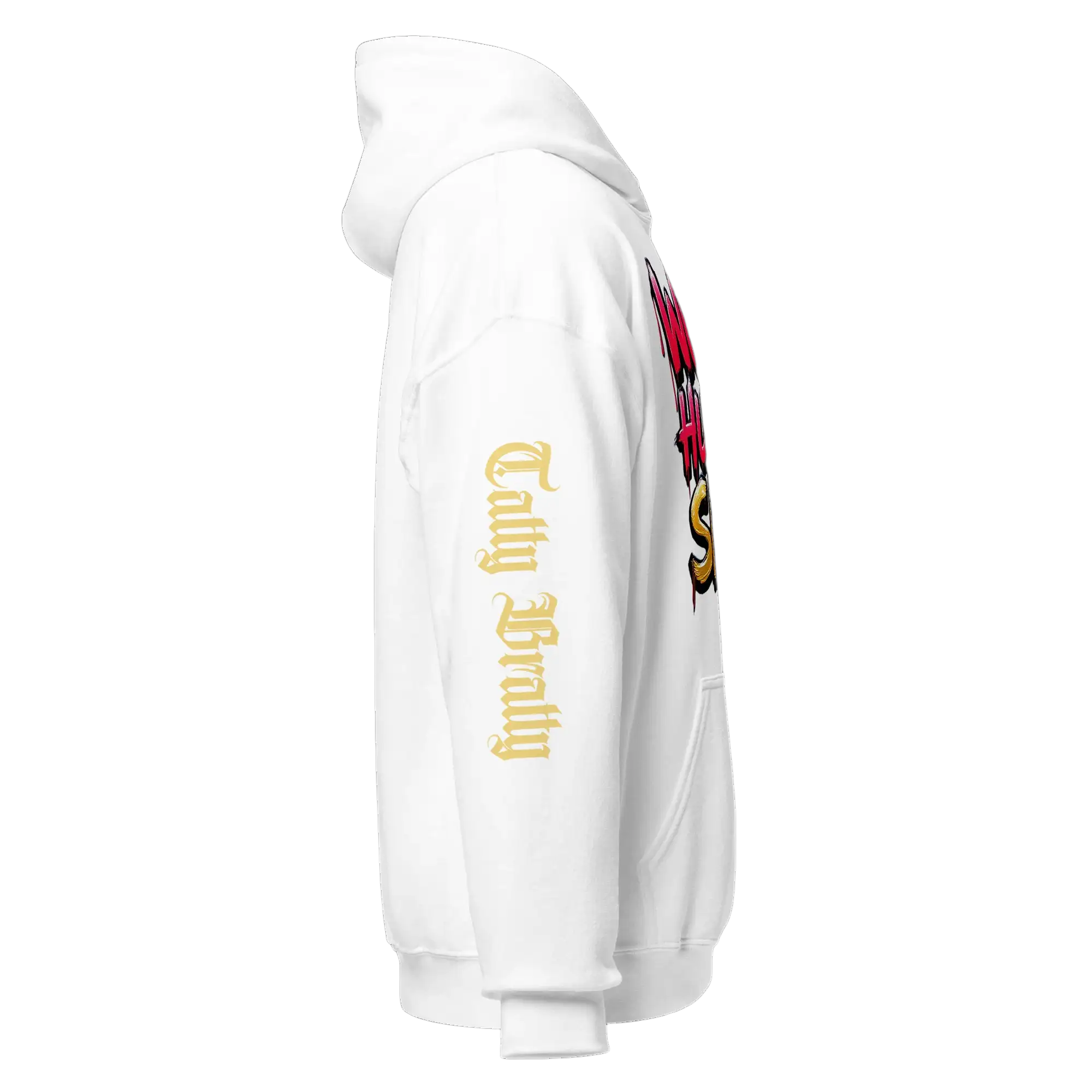 White hoodie with graphic design.