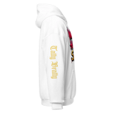 White hoodie with graphic design.