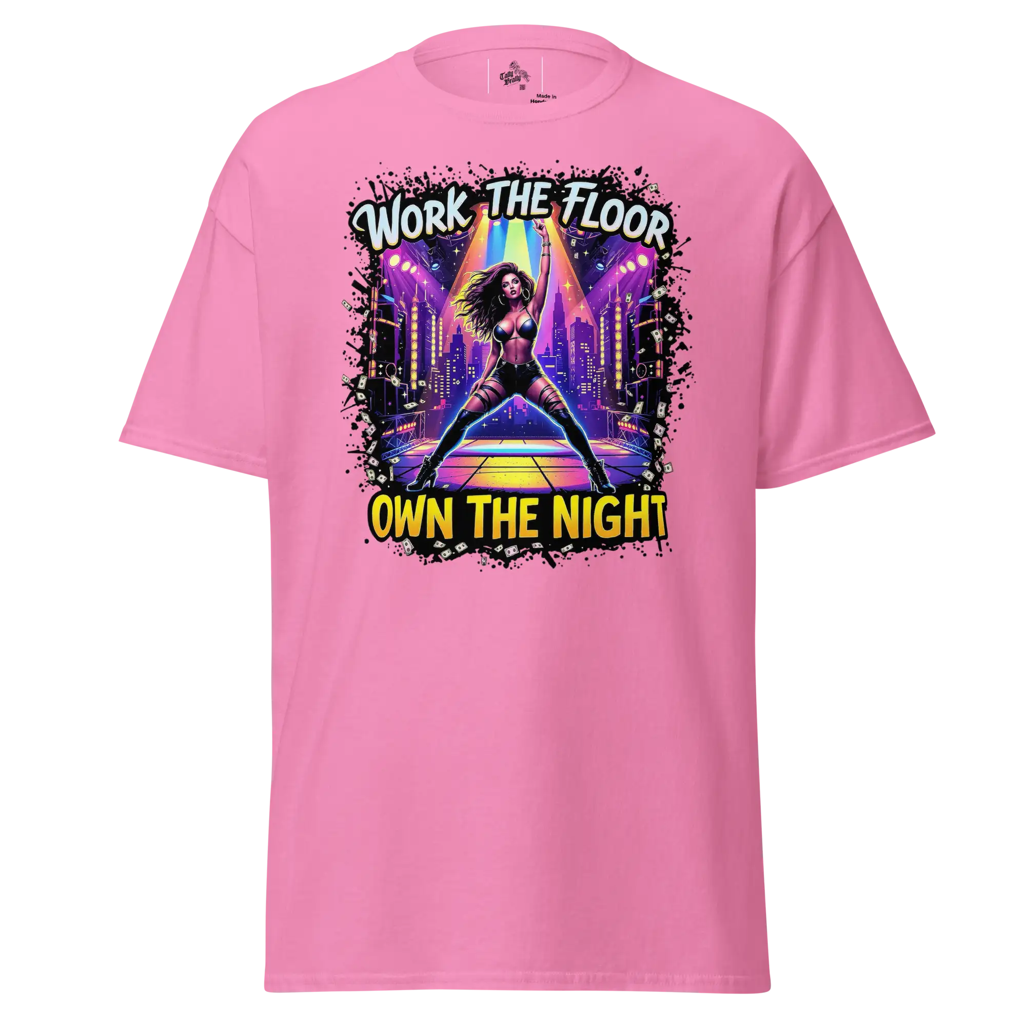 Pink t-shirt with a dancing woman graphic.