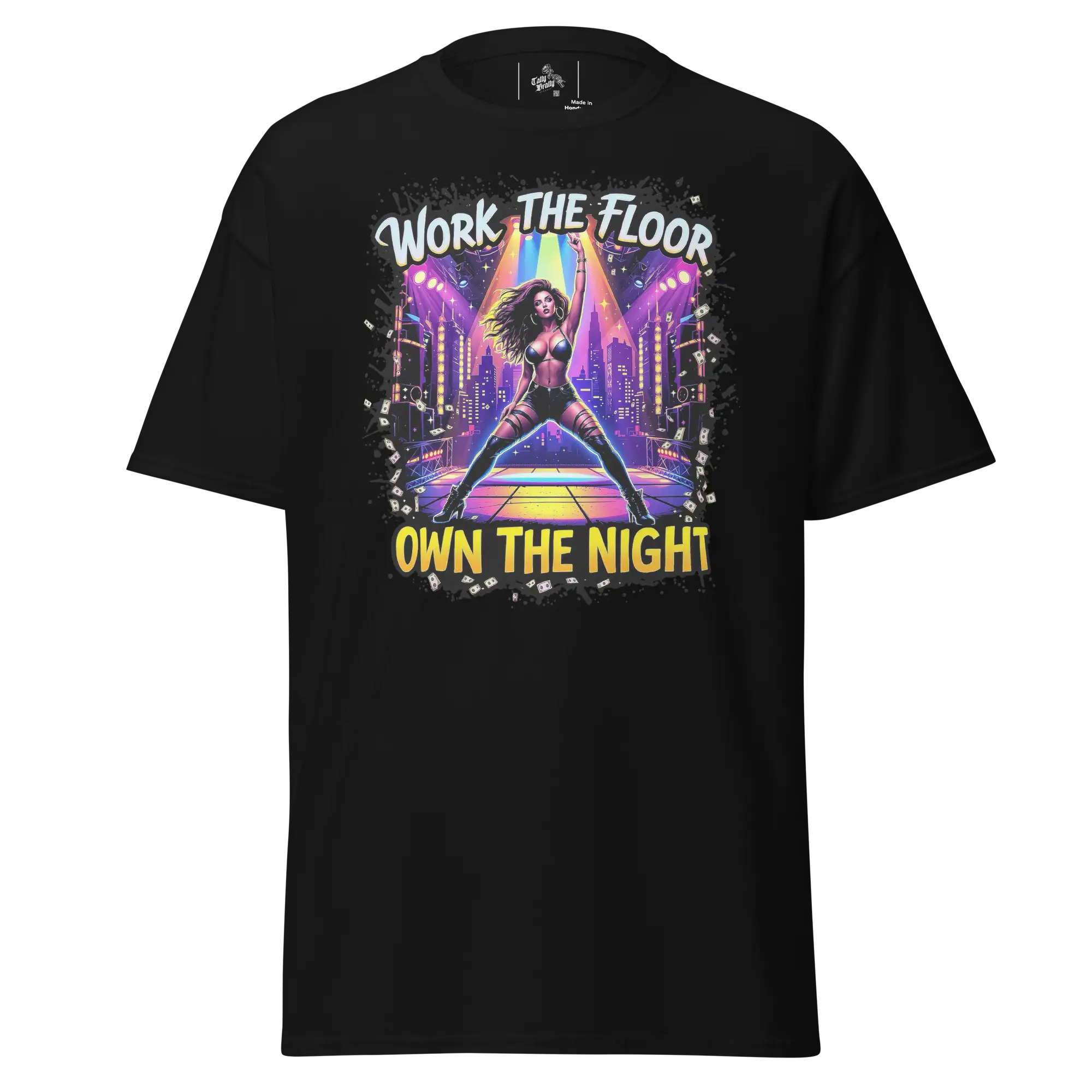 Black t-shirt with a dancer graphic.