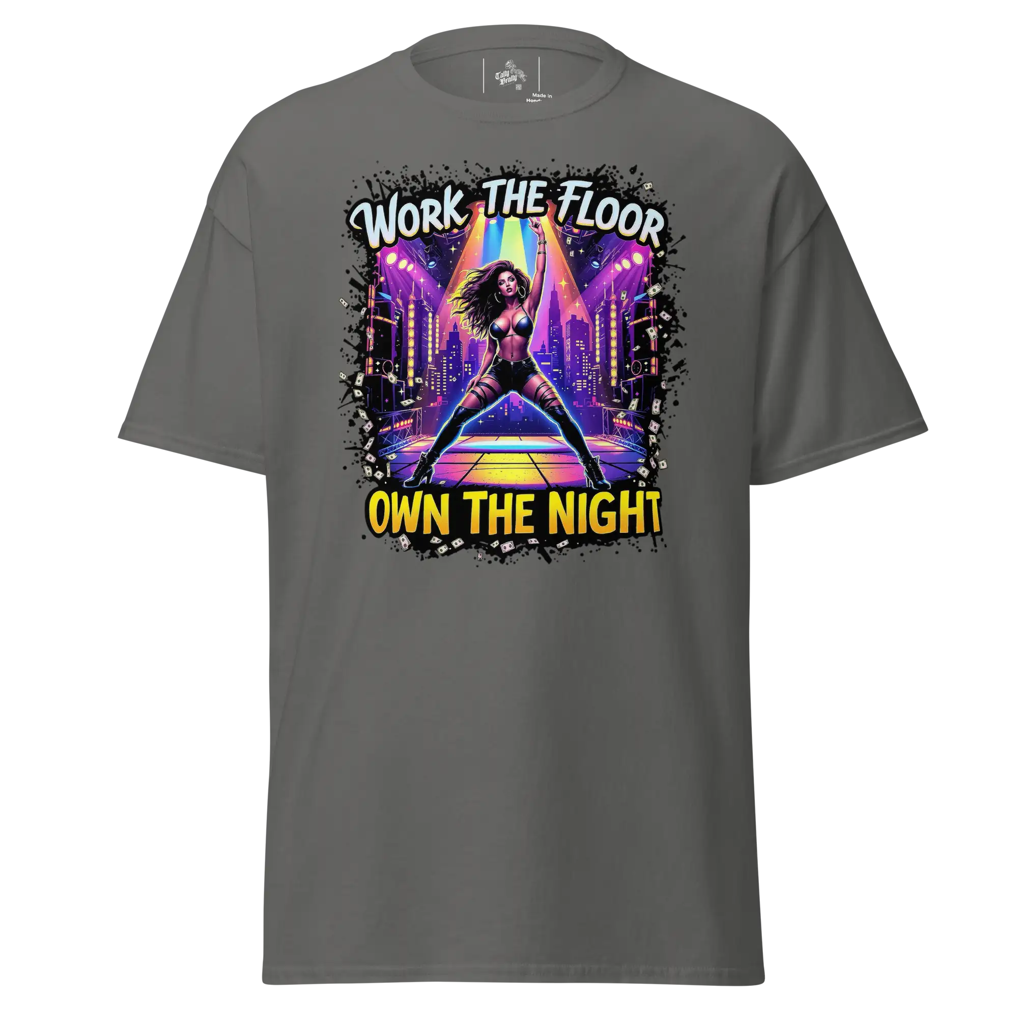 Gray t-shirt with a graphic design.