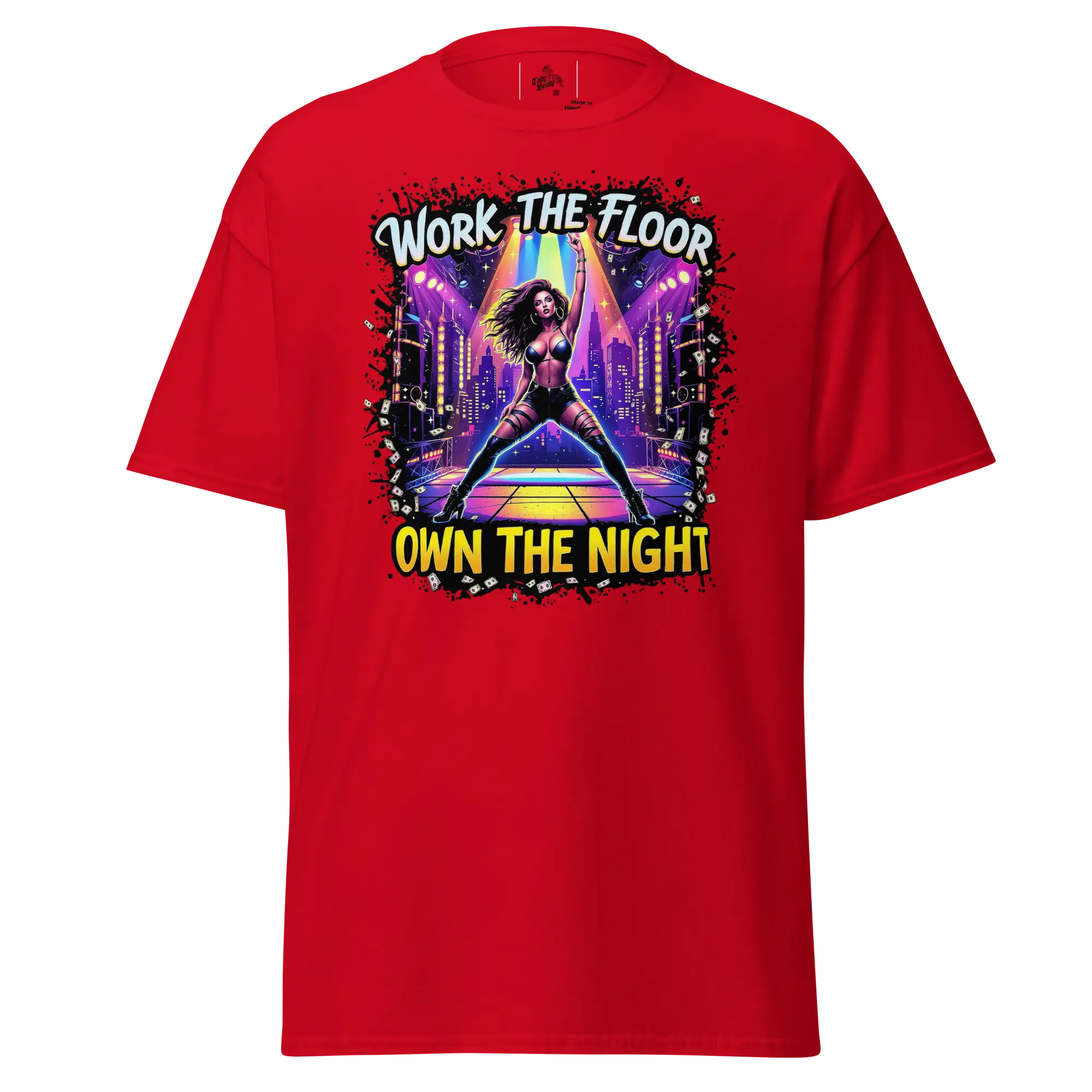 Red t-shirt with dancer graphic.