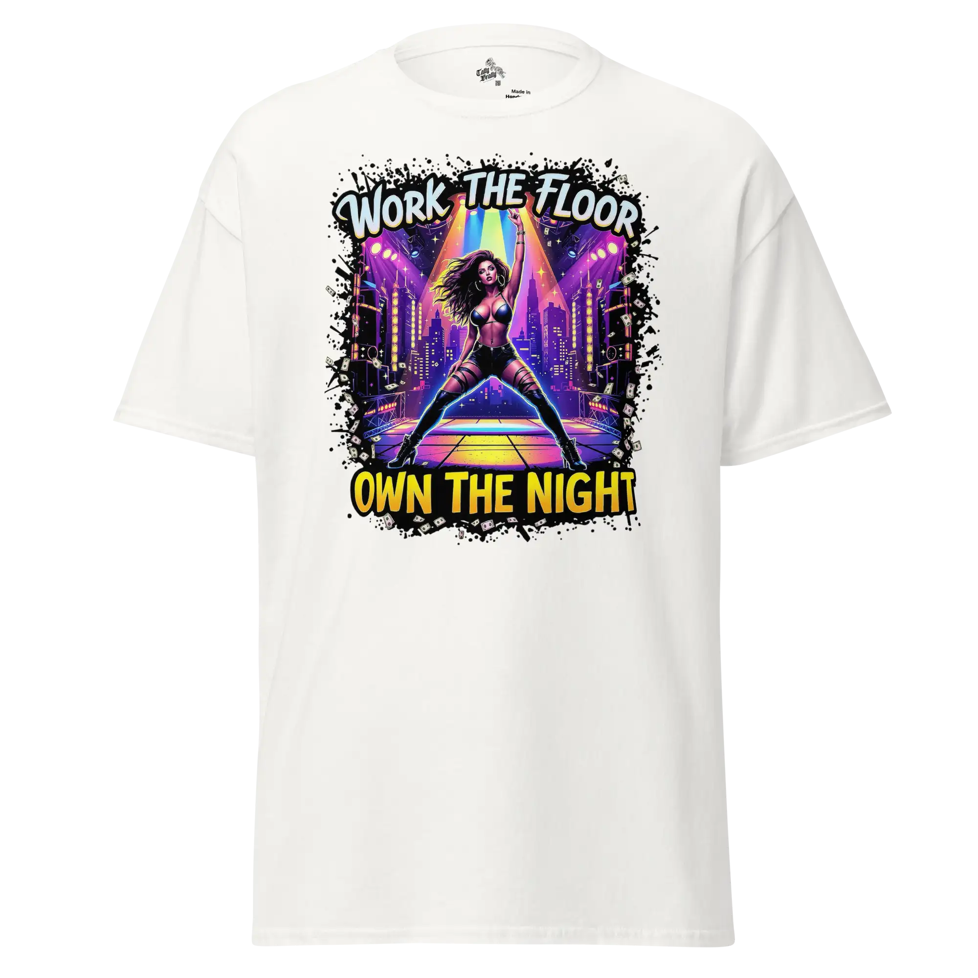 White t-shirt with a colorful graphic.