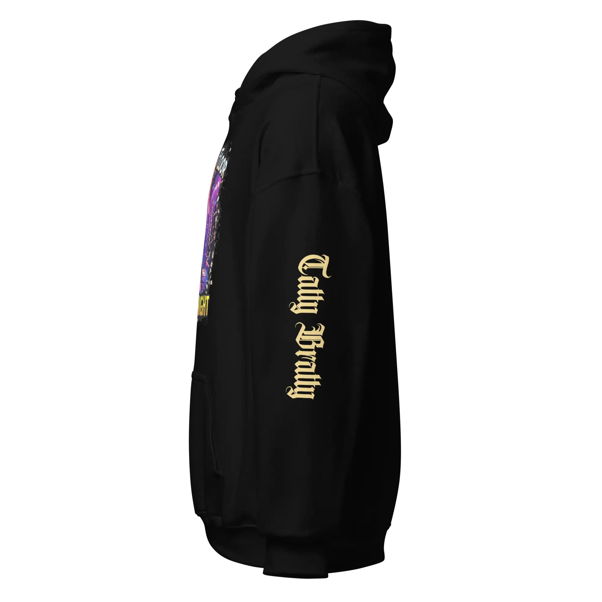 Black hoodie with sleeve graphic.