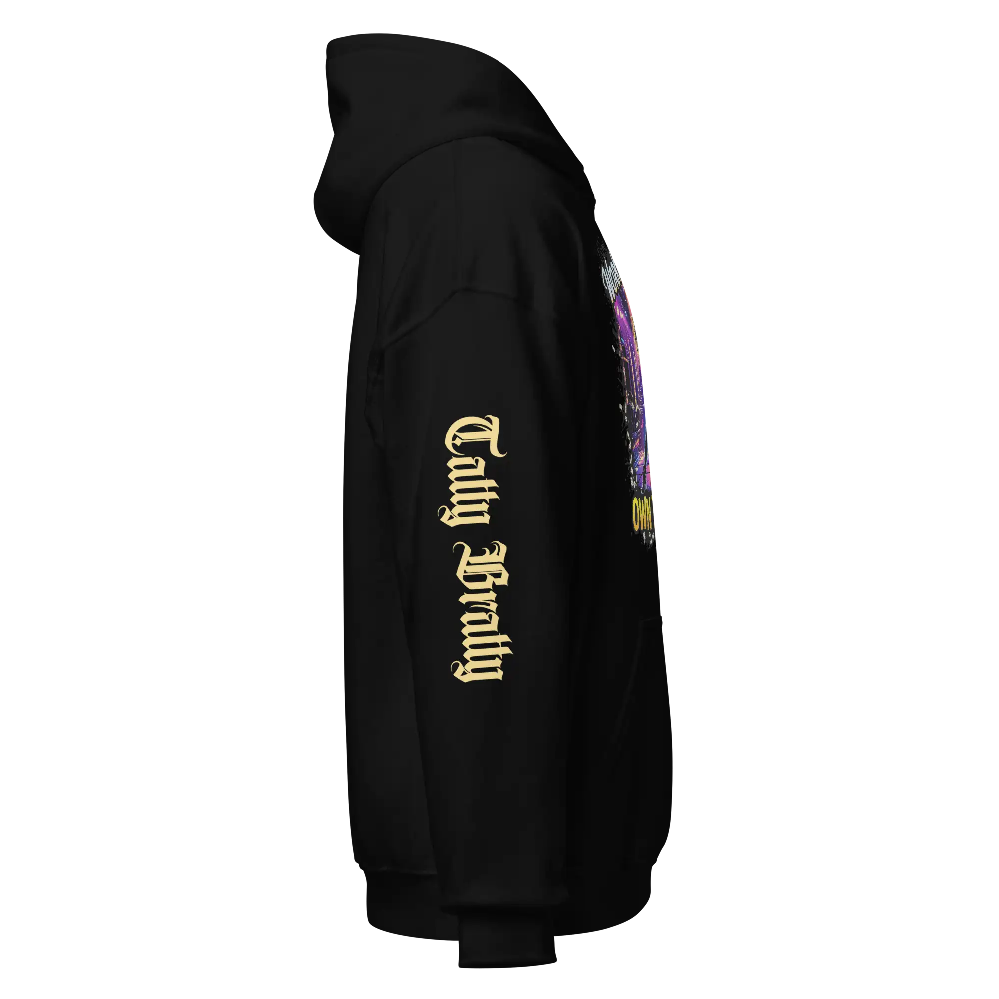 Black hoodie with sleeve text.