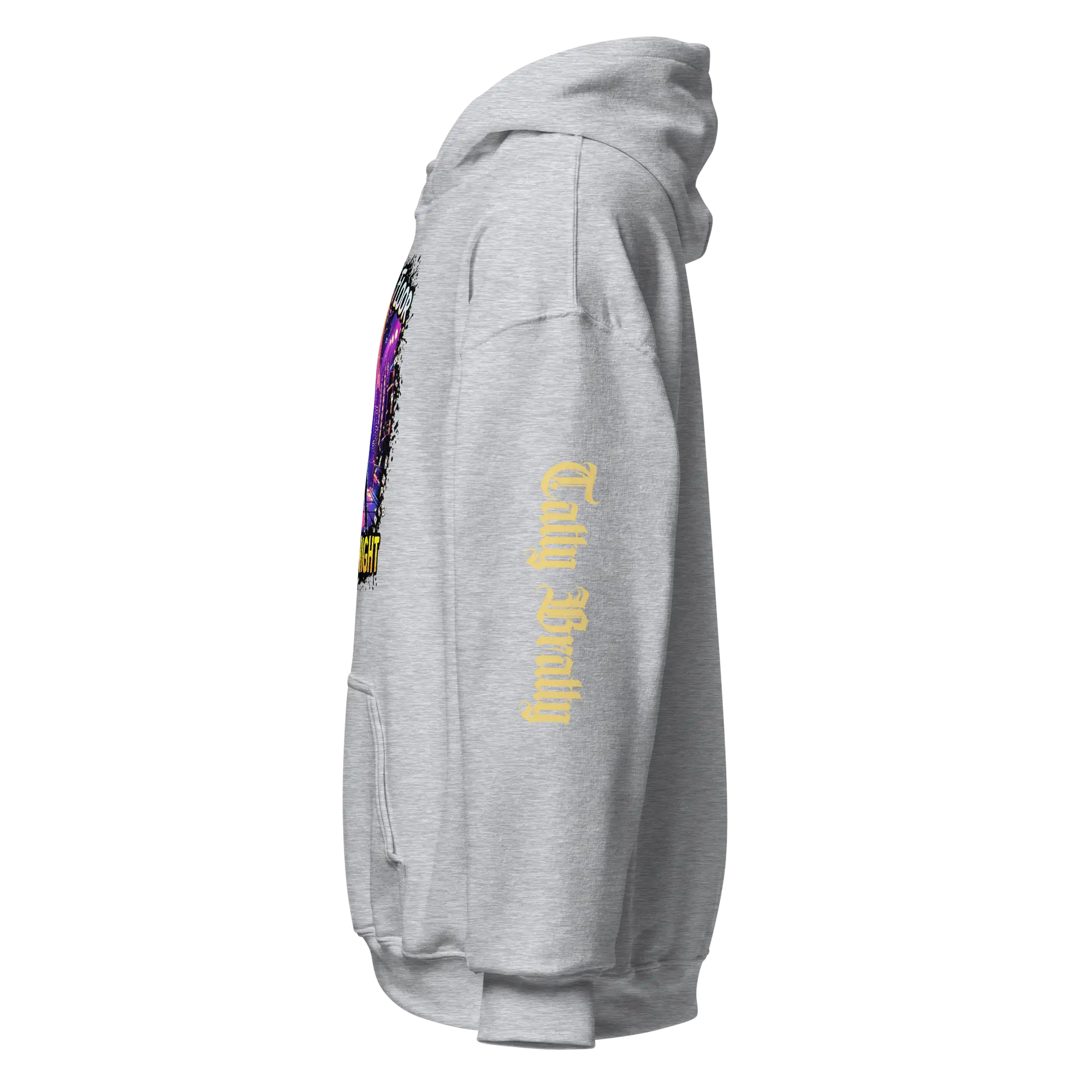 Gray hooded sweatshirt.