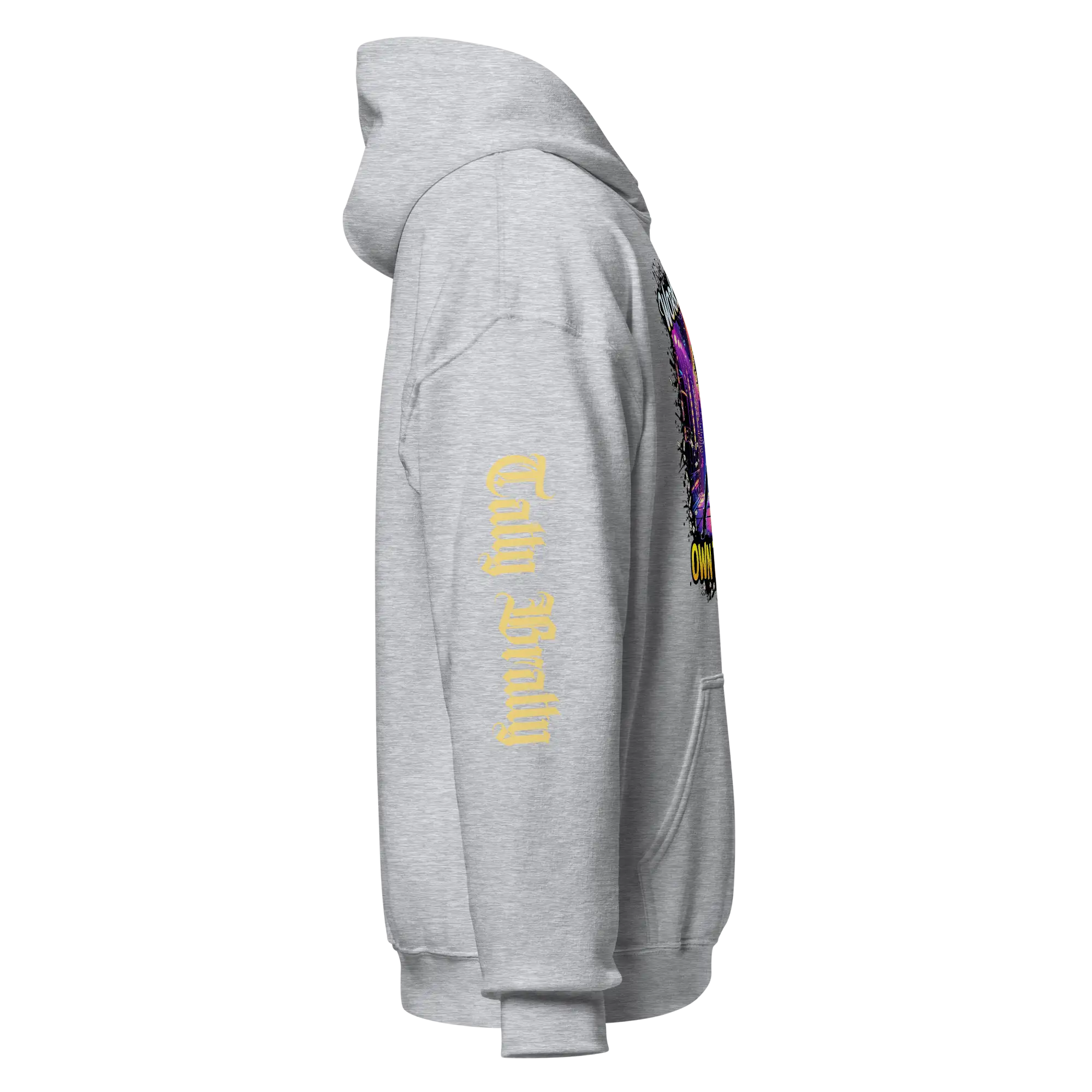 Gray hooded sweatshirt.