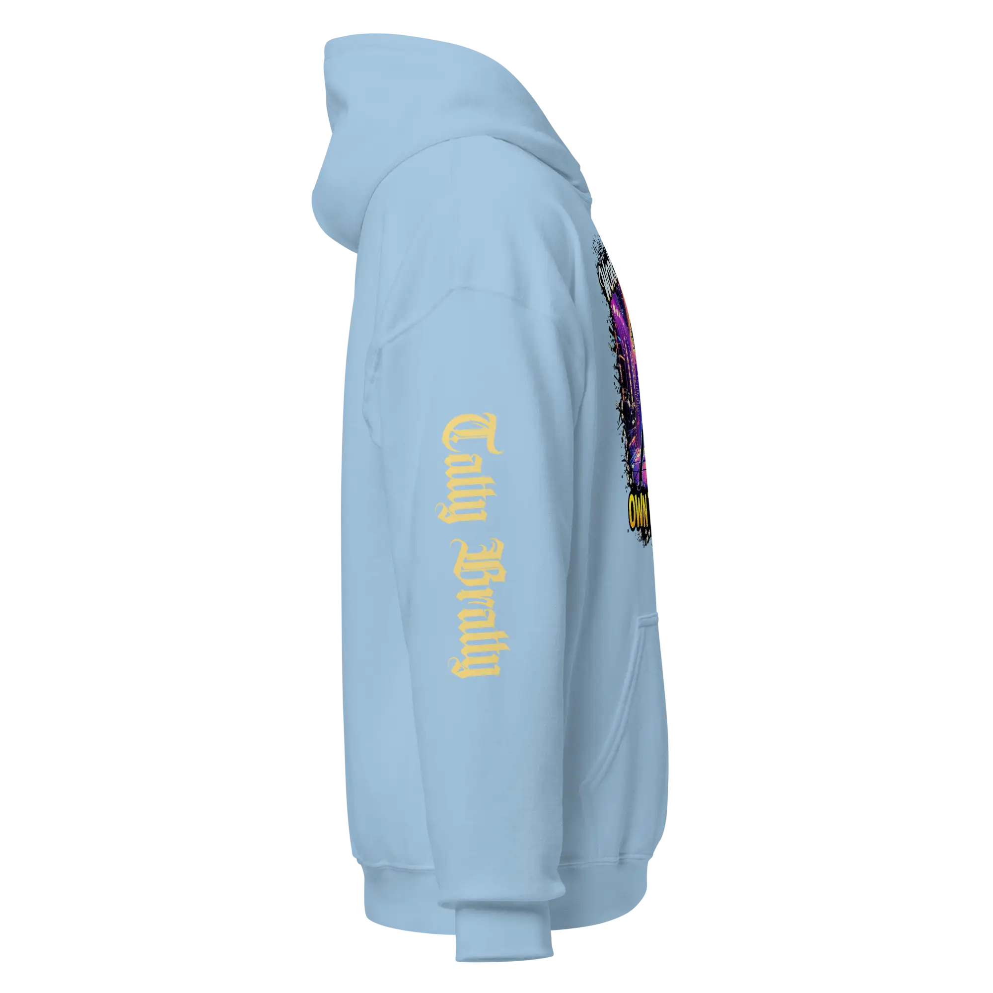 Light blue hoodie.