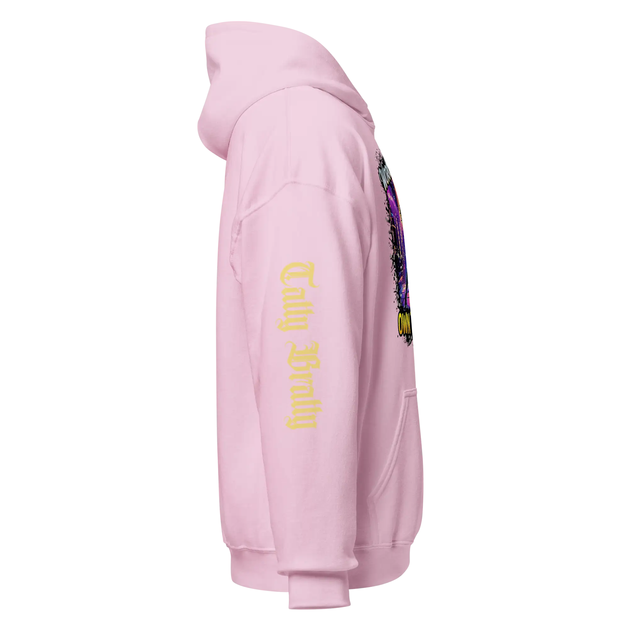 Pink hoodie with graphic.