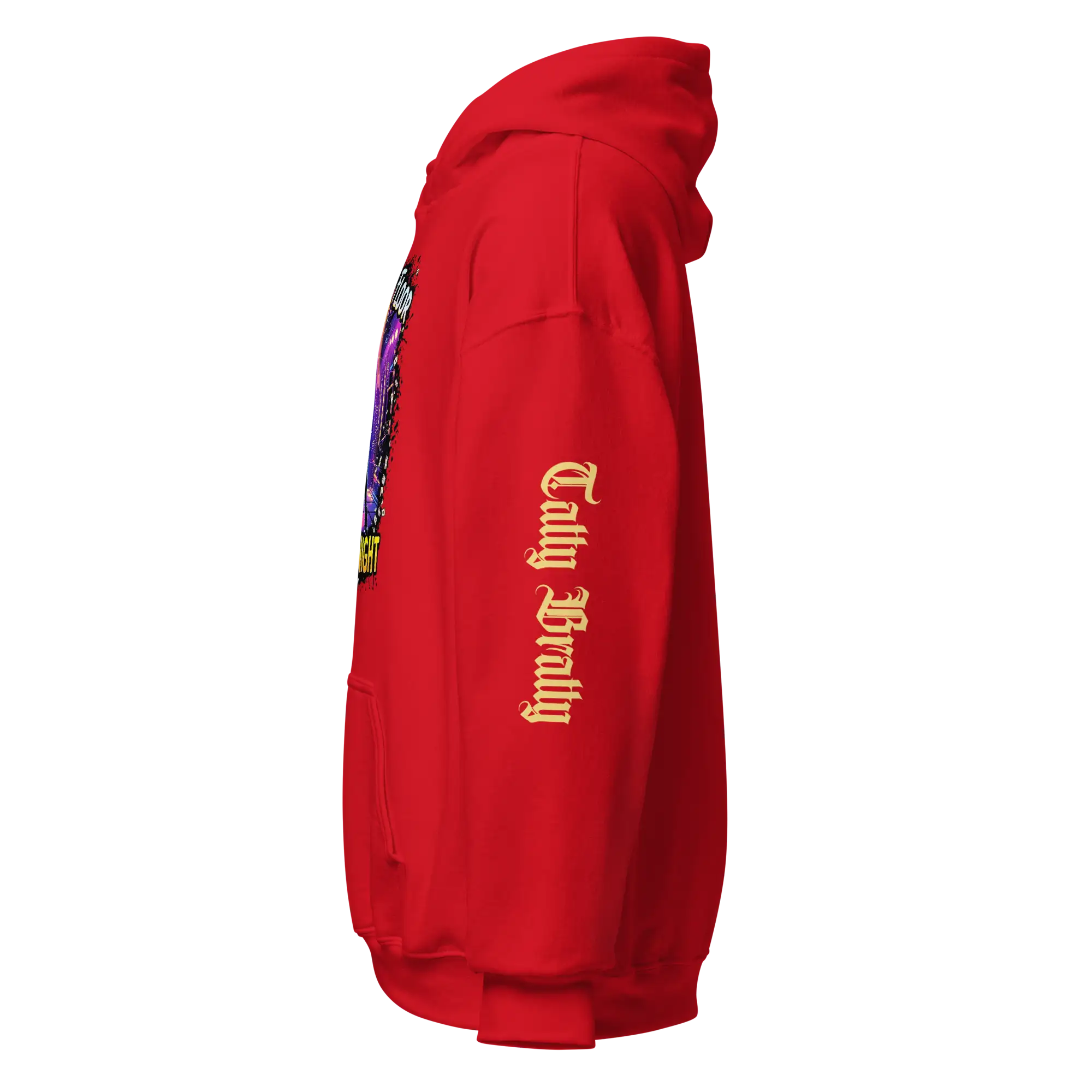 Red hoodie with graphic.