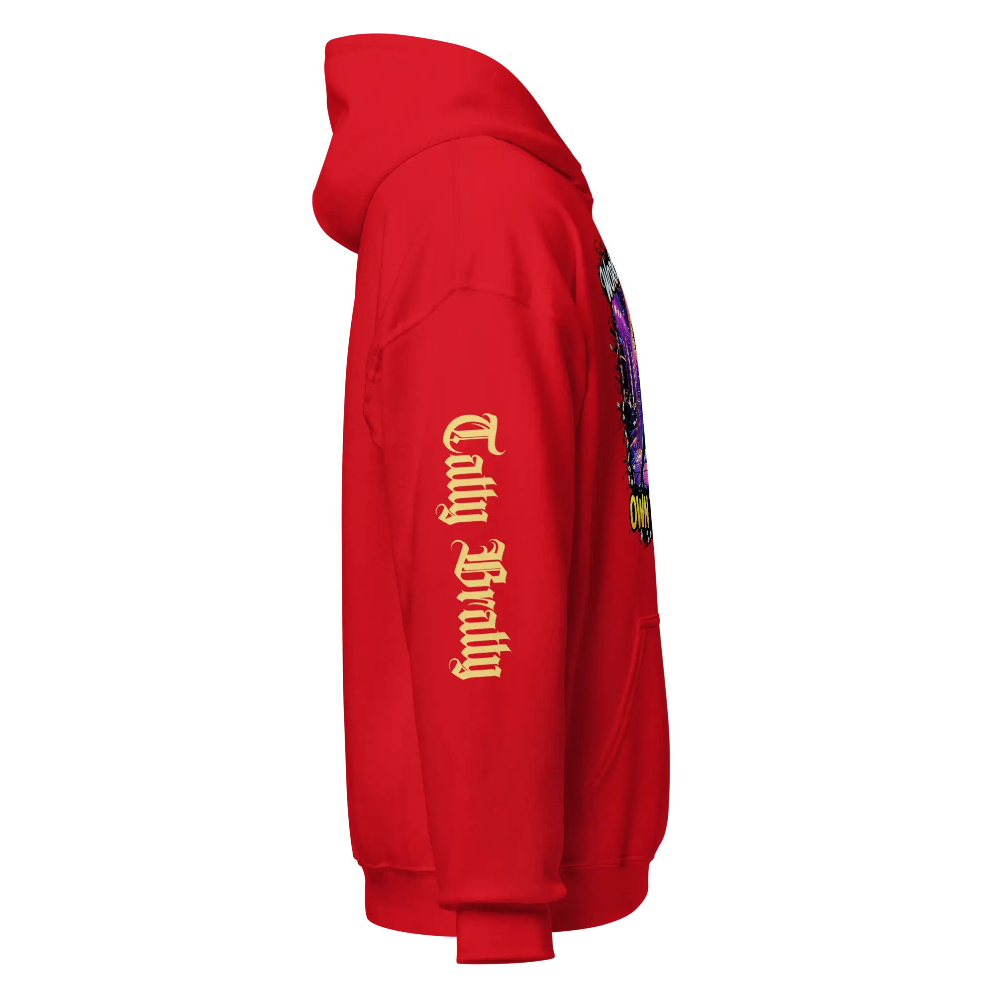 Red hoodie with sleeve text.