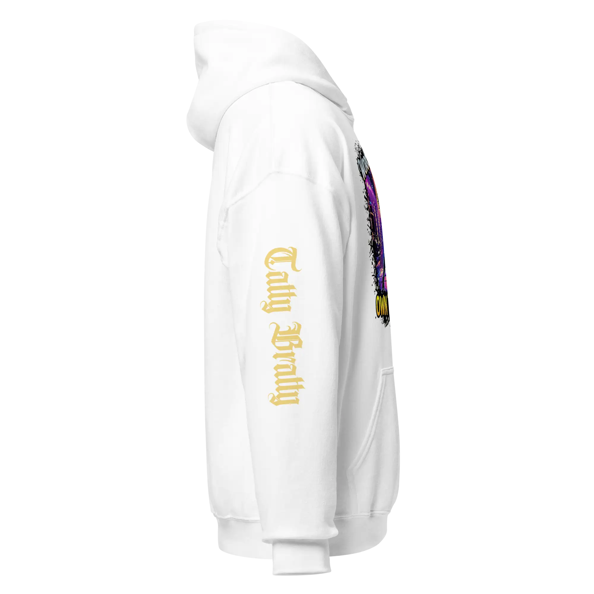 White hoodie with graphic.
