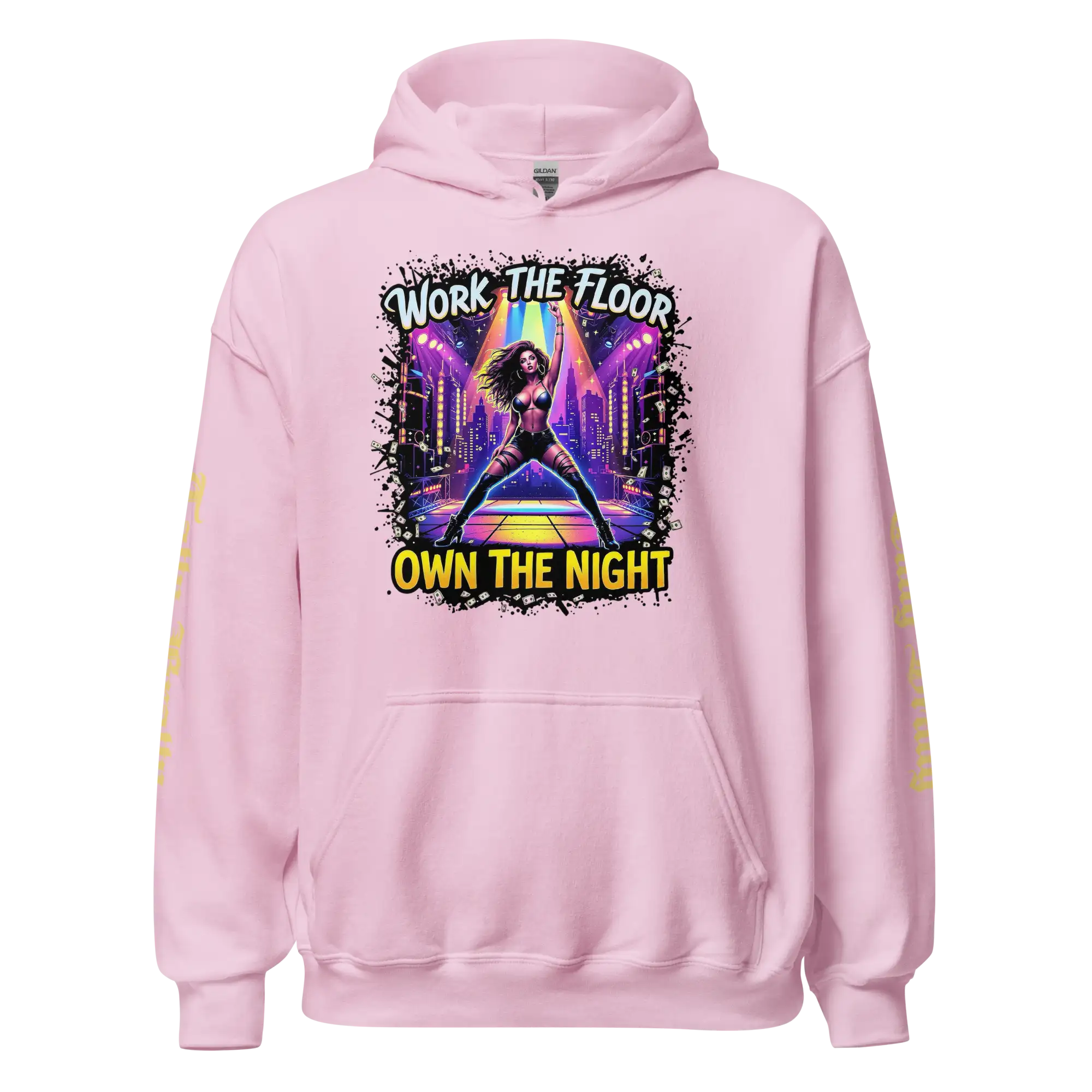 Pink hoodie with a graphic design.