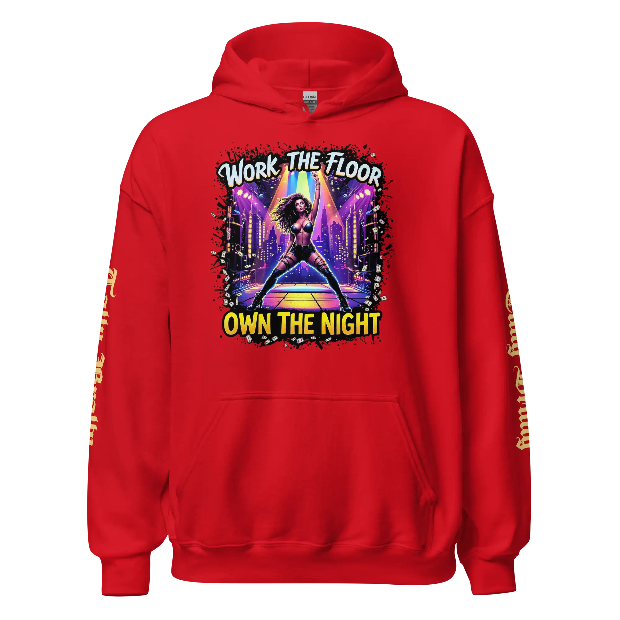 Red hoodie with a dancer graphic.