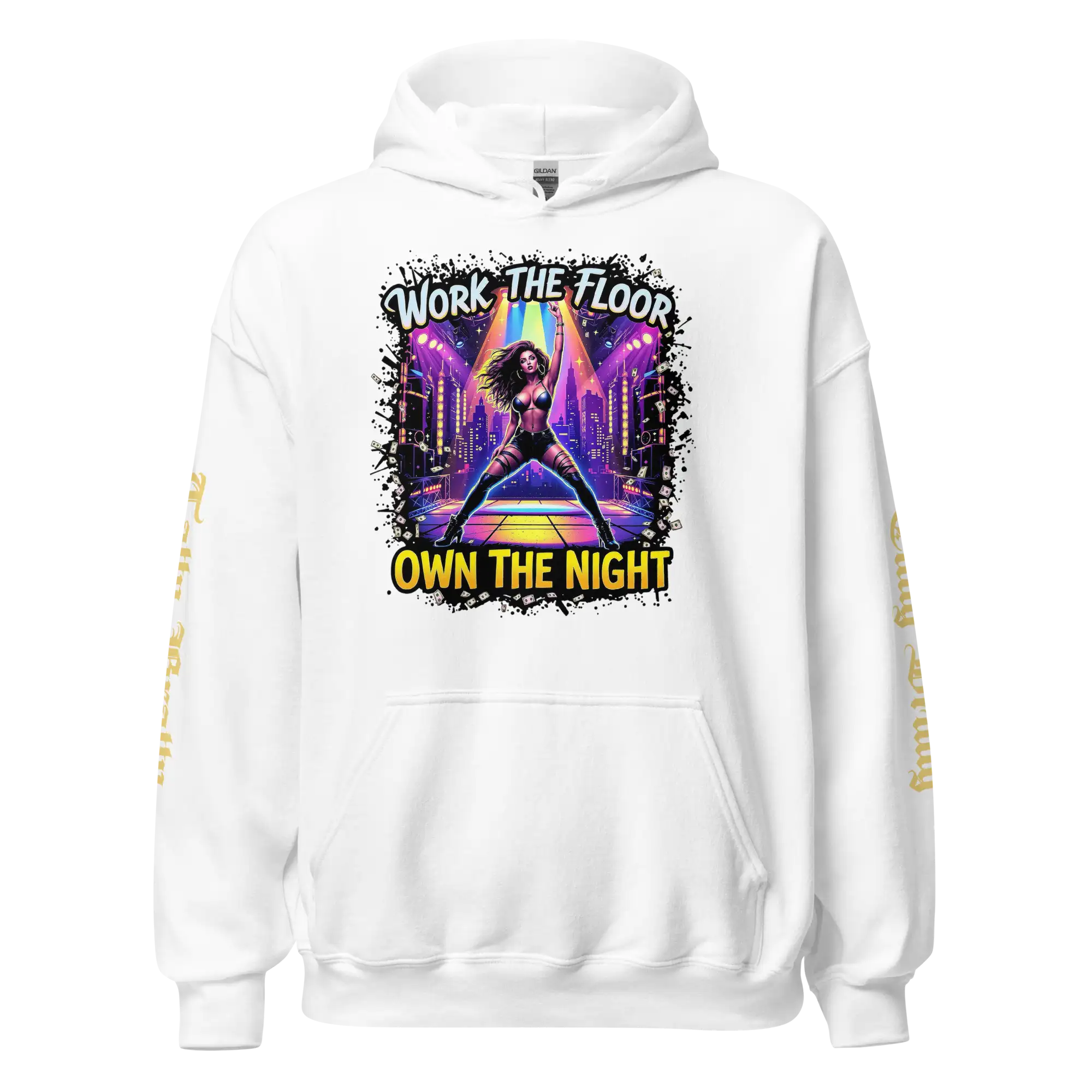 White hoodie with graphic.