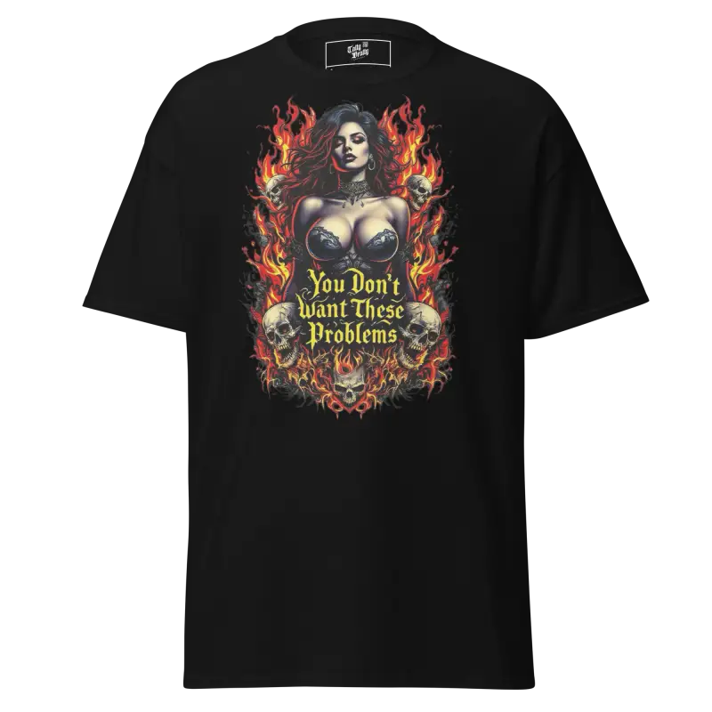 Black t-shirt with a woman, skulls, and flames graphic.