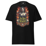 Black t-shirt with a woman, skulls, and flames graphic.