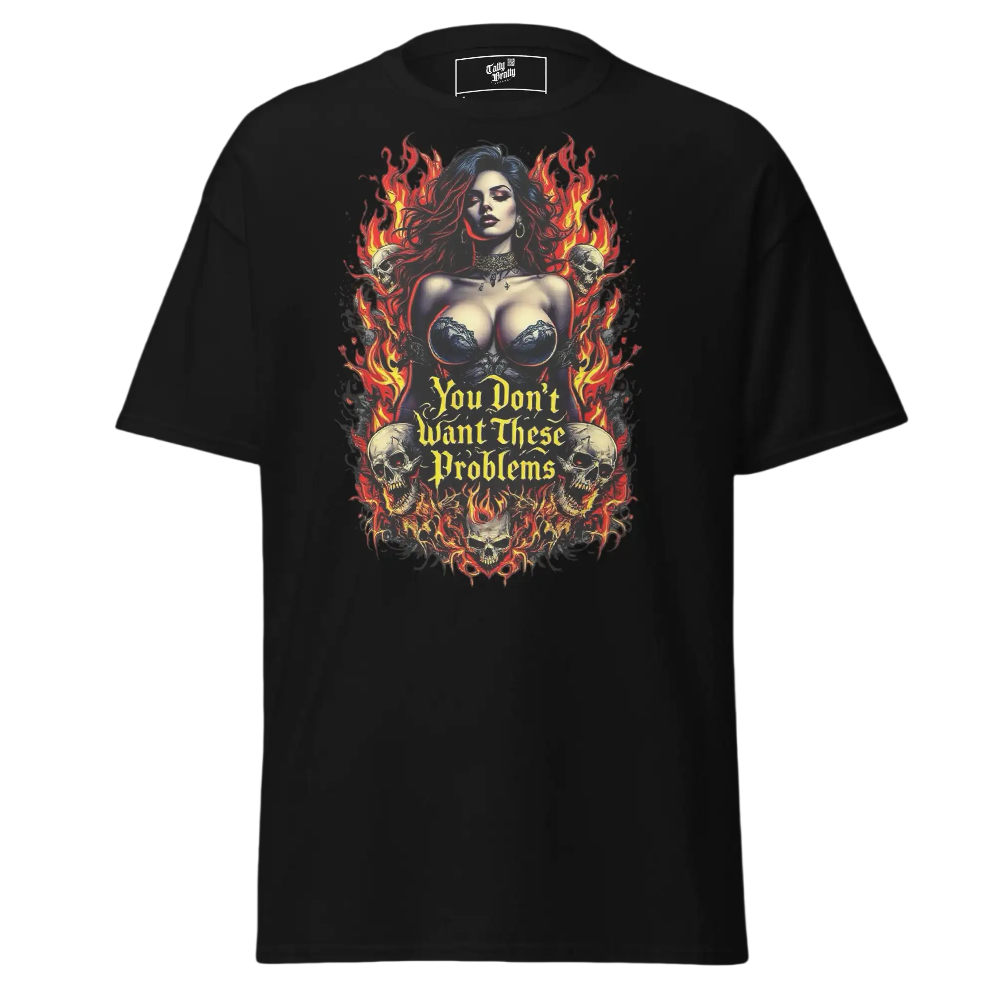 Black t-shirt with a woman, skulls, and flames graphic.