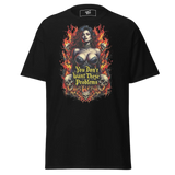 Black t-shirt with a woman, skulls, and flames graphic.