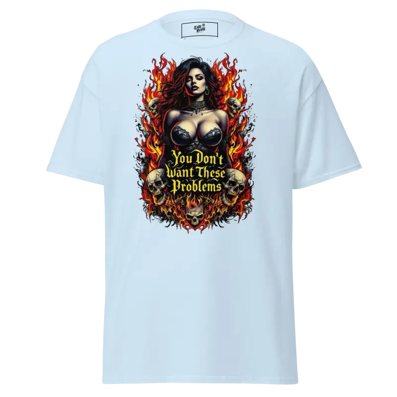 Light blue t-shirt with a woman, skulls, and flames graphic.