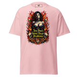Pink t-shirt with a woman, skulls, and flames graphic.