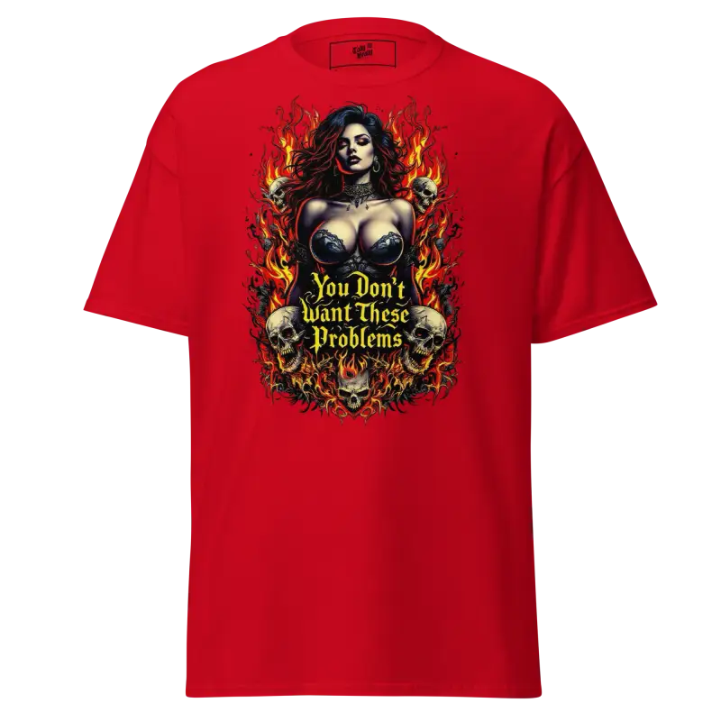 Red t-shirt with a woman, skulls, and flames graphic.
