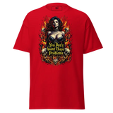 Red t-shirt with a woman, skulls, and flames graphic.