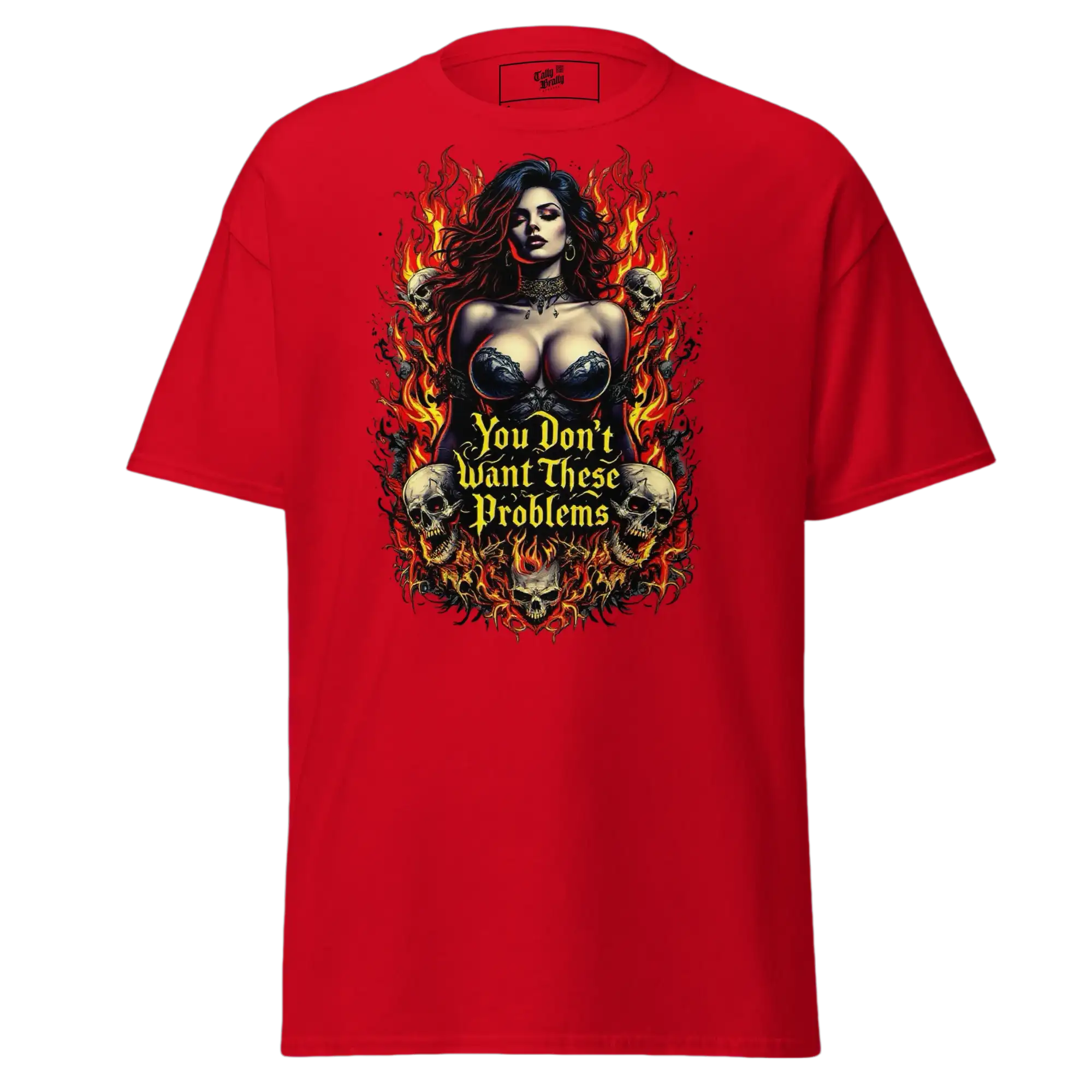 Red t-shirt with a woman, skulls, and flames graphic.