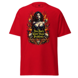 Red t-shirt with a woman, skulls, and flames graphic.