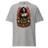 Gray t-shirt with fiery woman and skulls.