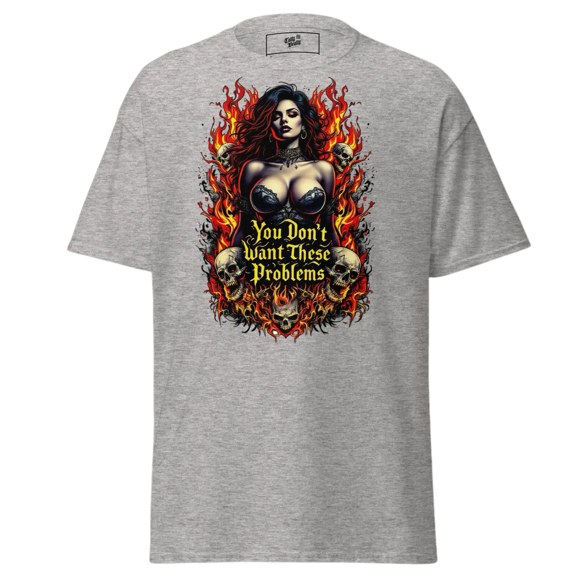 Gray t-shirt with fiery woman and skulls.