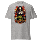 Gray t-shirt with fiery woman and skulls.