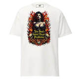 White t-shirt with a woman, skulls, and flames graphic.