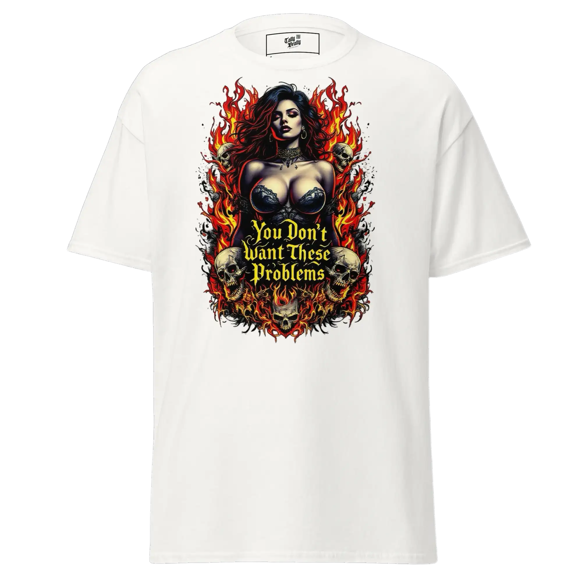 White t-shirt with a woman, skulls, and flames graphic.