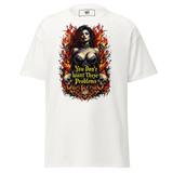 White t-shirt with a woman, skulls, and flames graphic.