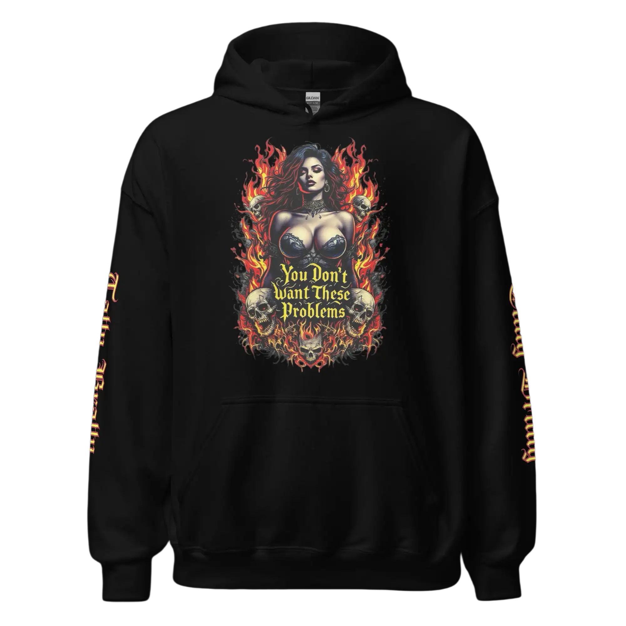 Black hoodie with a fiery woman and skulls graphic.