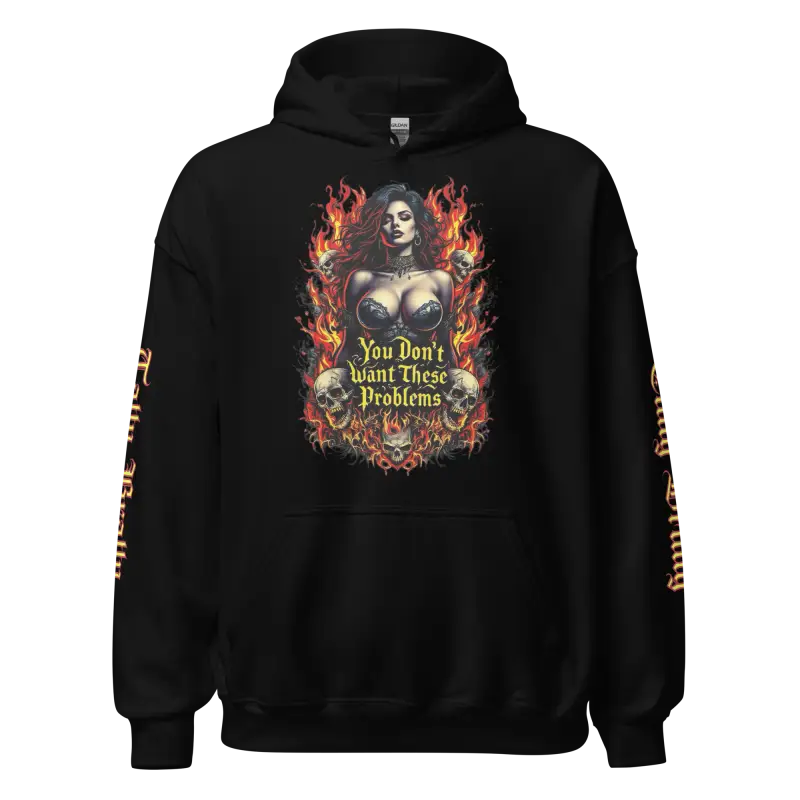 Black hoodie with a fiery woman and skulls graphic.