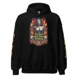 Black hoodie with a fiery woman and skulls graphic.