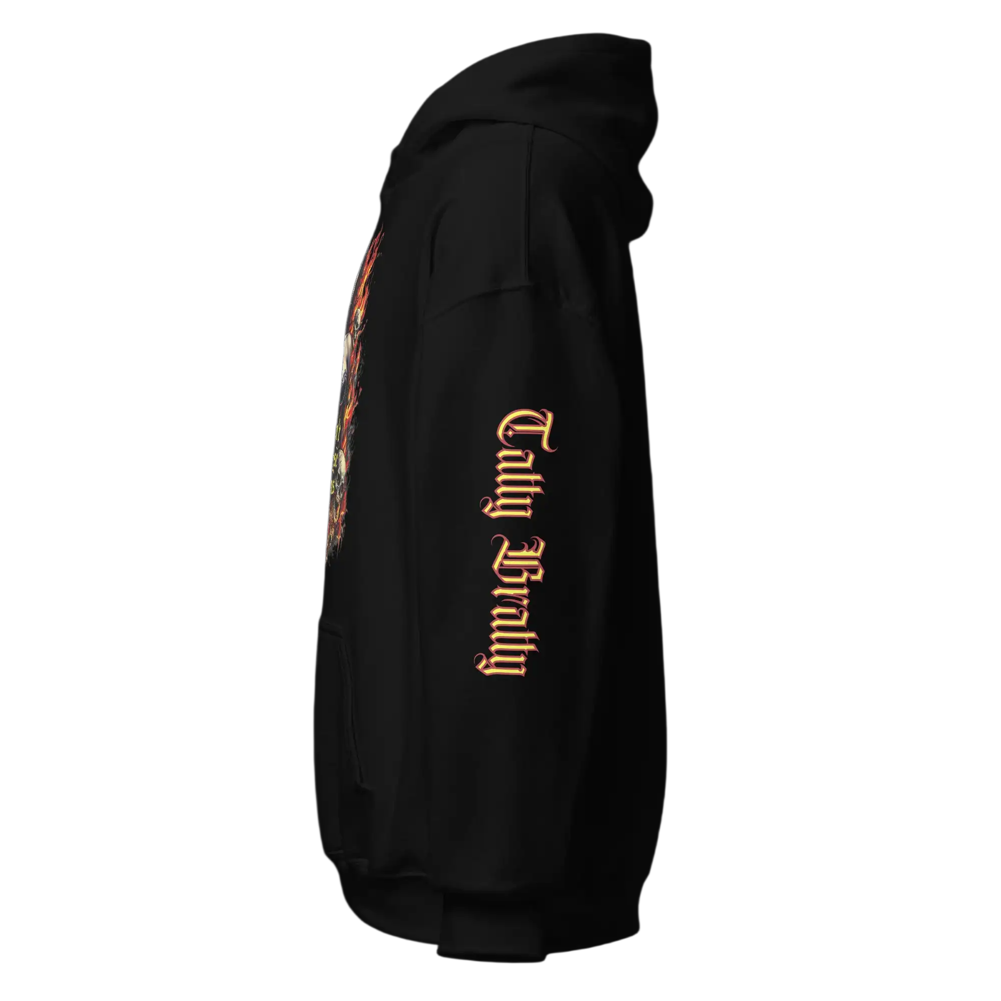 Black hoodie with sleeve graphic.