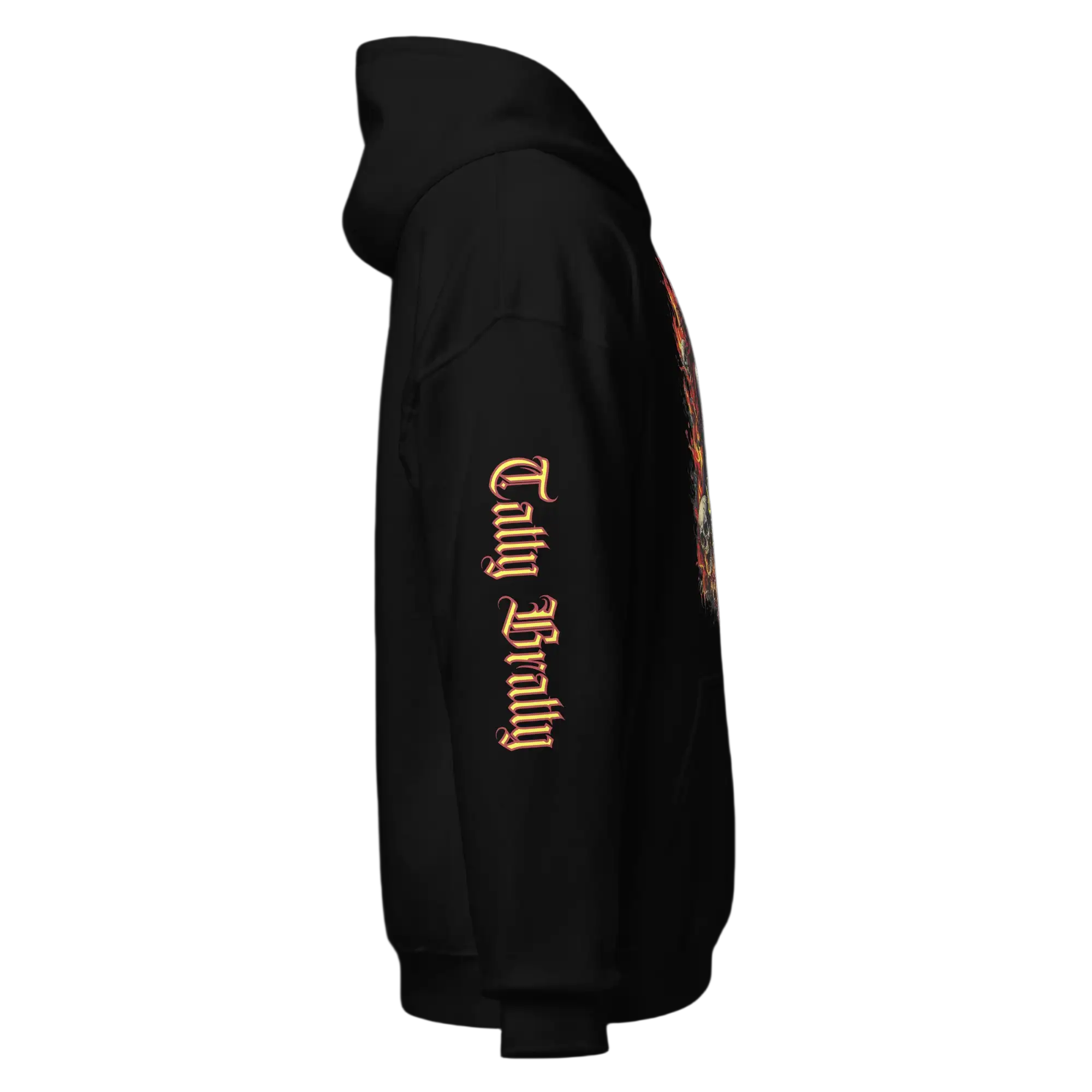 Black hoodie with sleeve text.