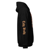 Black hoodie with sleeve text.