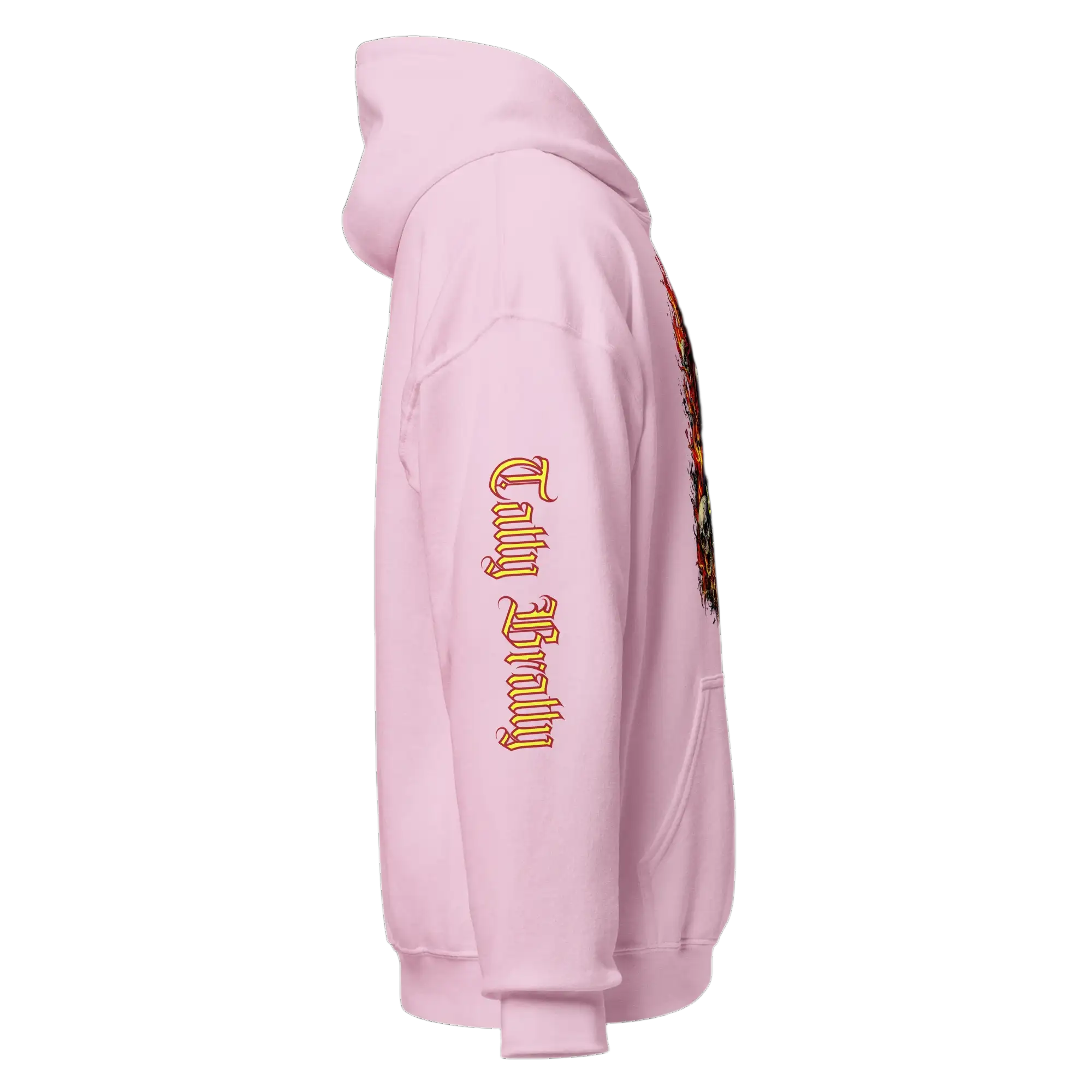 Pink hoodie with sleeve graphic.