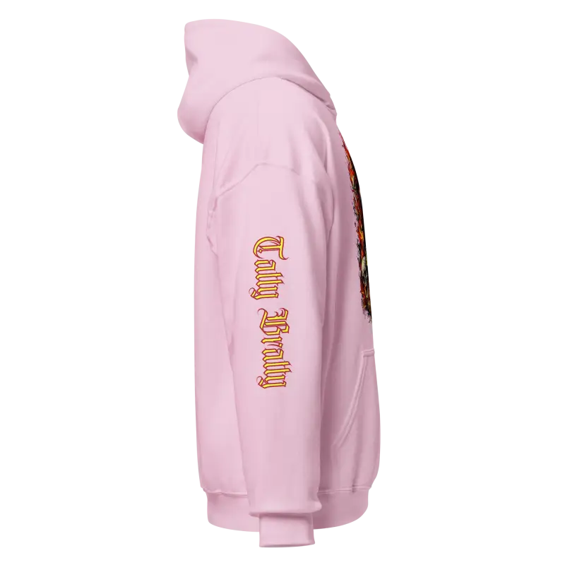 Pink hoodie with sleeve graphic.