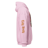 Pink hoodie with sleeve graphic.