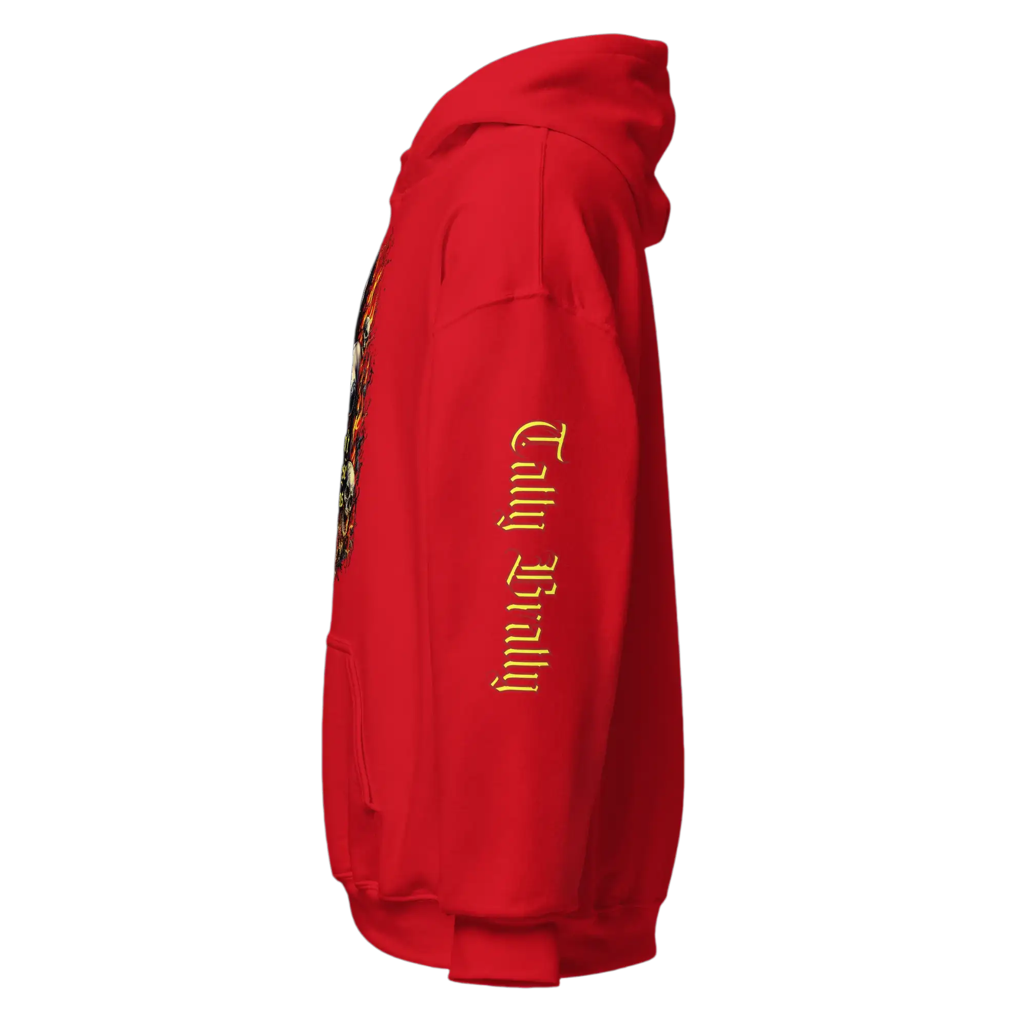 Red hooded sweatshirt.