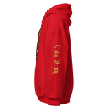 Red hooded sweatshirt.
