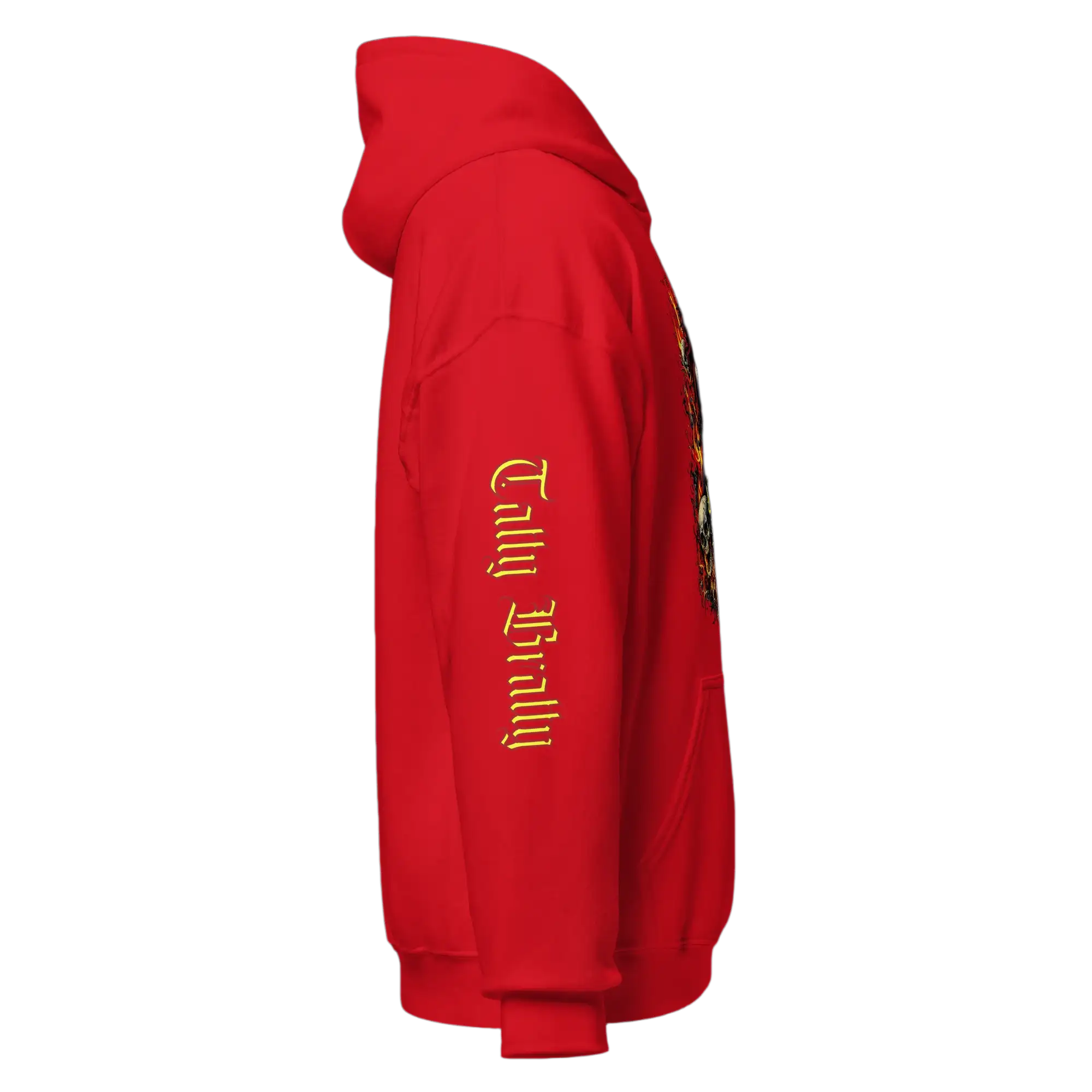 Red hoodie with sleeve embroidery.